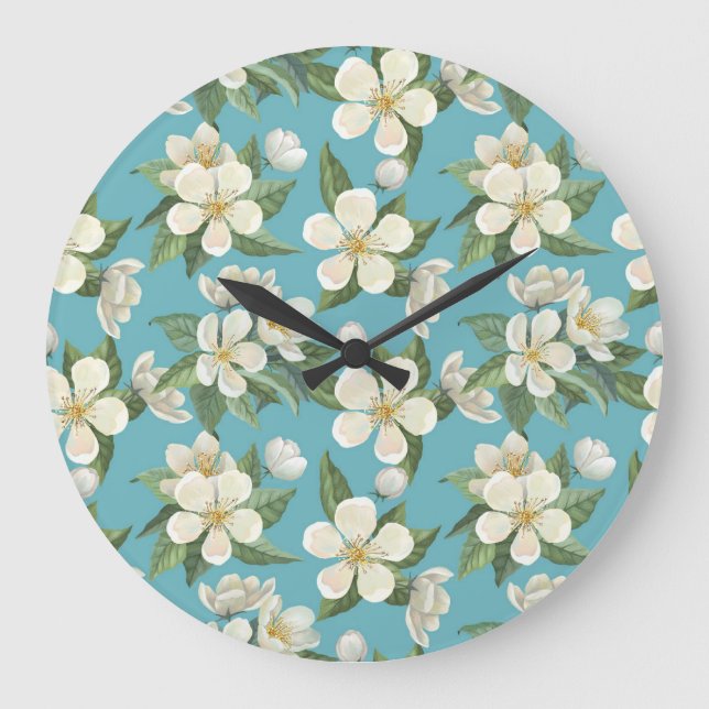 Grande Horloge Ronde Fleurs d'aquarelle blanche Feuilles verts (Recto)