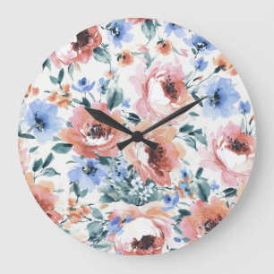 Grande Horloge Ronde Fleurs d'aquarelle, illustration motif transparent