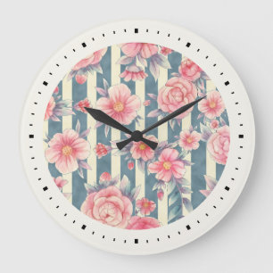 Grande Horloge Ronde Fleurs d'aquarelle rose sur Motif rayé