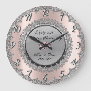 Grande Horloge Ronde Fleurs d'argent Or rose 25e anniversaire de maria