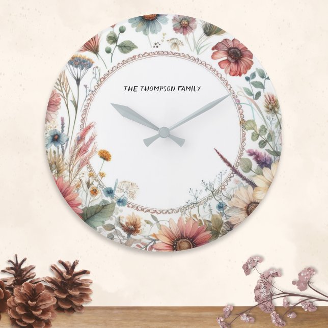 Grande Horloge Ronde Fleurs d'automne Elégante Nature Florale Personnal (A wall clock with elegant Autumn flowers border and personalized with name)