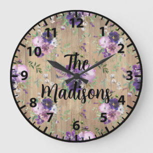 Grande Horloge Ronde Fleurs de bois rustique personnalisées Élégant vio