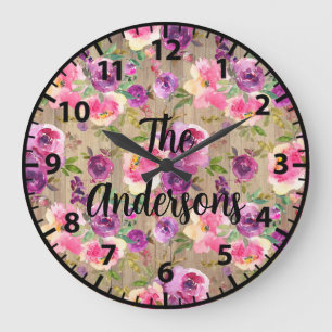 Grande Horloge Ronde Fleurs de bois rustique sur mesure Rose rose et po