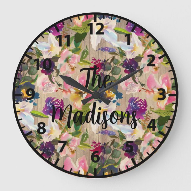 Grande Horloge Ronde Fleurs de bois rustiques personnalisées Fleurs tro (Recto)