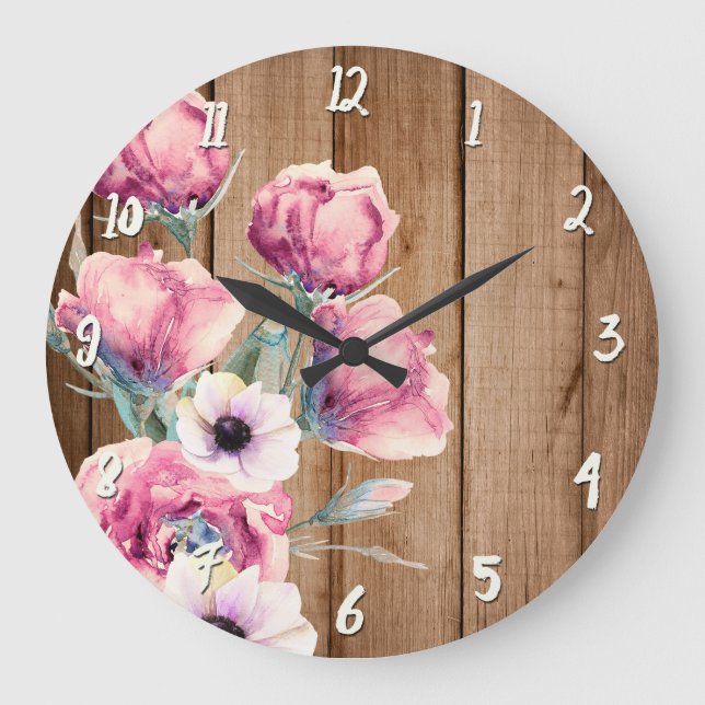 Grande Horloge Ronde Fleurs de campagne Bois rustique de grange (Recto)
