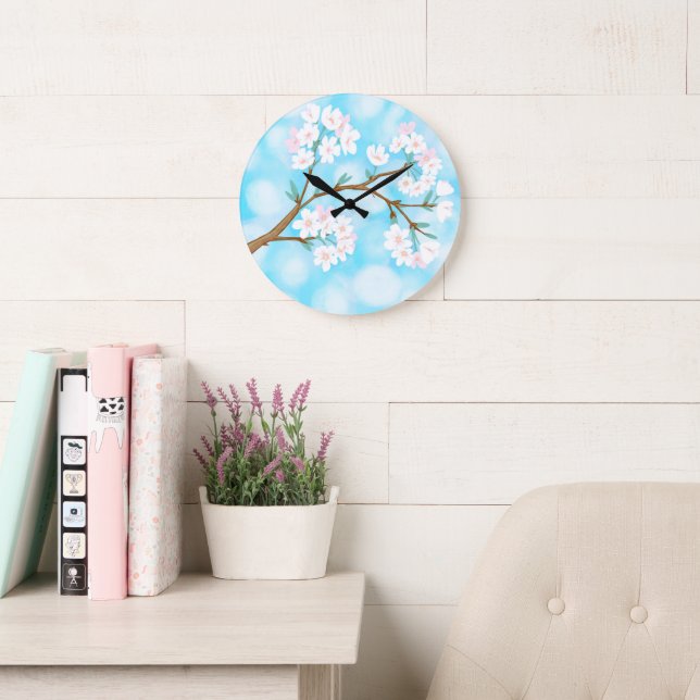 Grande Horloge Ronde Fleurs de cerisier contre ciel bleu avec nuages (Salle de lecture)