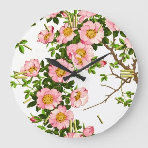 Grande Horloge Ronde Fleurs de cerisier japonaises vintages, rose et or