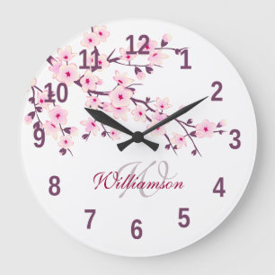 Grande Horloge Ronde Fleurs de cerisier rose blanc Monogramme Nom