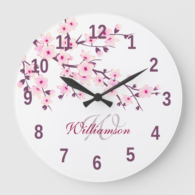 Grande Horloge Ronde Fleurs de cerisier rose blanc Nom (Recto)