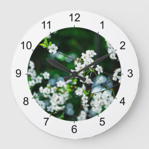 Grande Horloge Ronde Fleurs de cerisiers blancs Feuilles verts