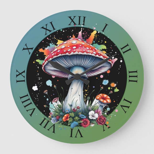 Grande Horloge Ronde Fleurs de champignon Bois Planche colorée (Recto)