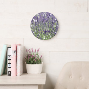 Grande Horloge Ronde Fleurs de lavande avec Symboles cardiaques Floral