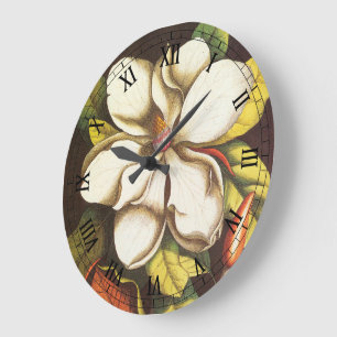 Grande Horloge Ronde Fleurs de magnolia vintage avec graines