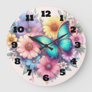 Grande Horloge Ronde Fleurs de marguerite avec un beau papillon