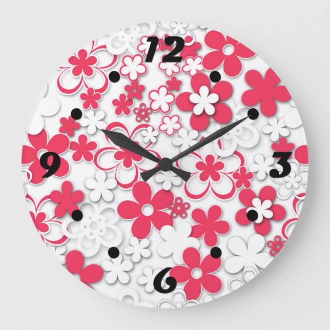 Grande Horloge Ronde Fleurs de papier rouge et blanc (Recto)