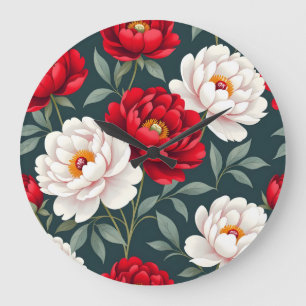 Grande Horloge Ronde Fleurs de pivoine rouges et blanches