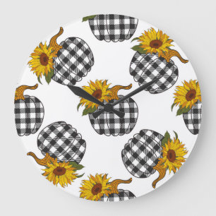 Grande Horloge Ronde Fleurs de soleil, citrouille plaid, décoration de
