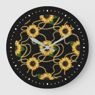 Grande Horloge Ronde Fleurs de soleil jaunes élégantes Motif élégant su