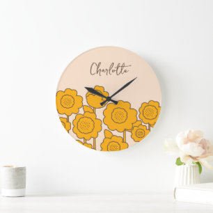 Grande Horloge Ronde Fleurs de soleil jaunes Nom personnalisable