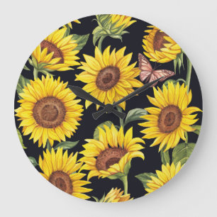 Grande Horloge Ronde Fleurs de soleil, papillons, aquarelle noir