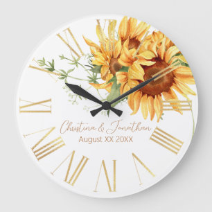 Grande Horloge Ronde Fleurs de soleil romantiques aquarelles