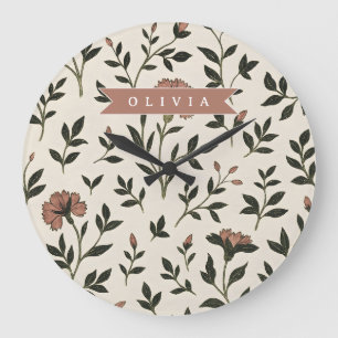 Grande Horloge Ronde Fleurs de style vintage élégantes et neutres perso