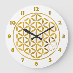 Grande Horloge Ronde FLEURS DE VIE - timbre - or + numéros de la face d