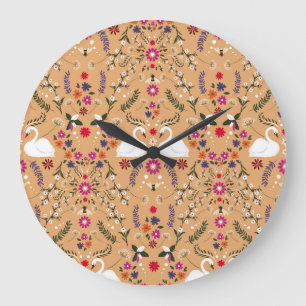 Grande Horloge Ronde Fleurs délicates, imaginaire cygne sans couture mo