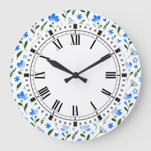 Grande Horloge Ronde Fleurs d'été bleu et blanc Cuisine rétro