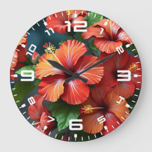 Grande Horloge Ronde Fleurs d'Hibiscus rouge vif-76894