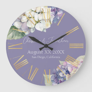 Grande Horloge Ronde Fleurs d'hortensia violettes et blanches sur lavan