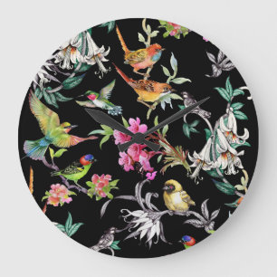Grande Horloge Ronde Fleurs d'oiseaux tropicaux : Motif d'aquarelle