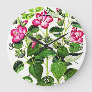 Grande Horloge Ronde Fleurs italiennes roses de ketmie, copie vintage