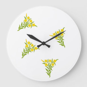 Grande Horloge Ronde Fleurs jaunes avec feuilles verts sur blanc
