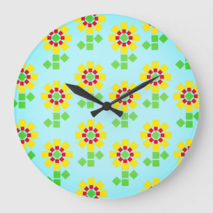 Grande Horloge Ronde Fleurs jaunes de formes Carrés