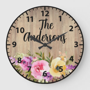 Grande Horloge Ronde Fleurs personnalisées Bois rustique Rose rose viol