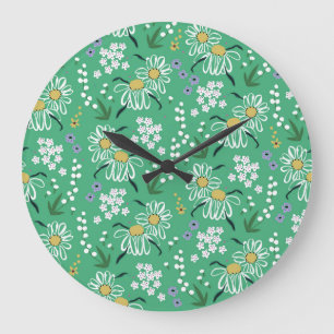 Grande Horloge Ronde Fleurs Rétro, Motif Botanique Sans Seamless.