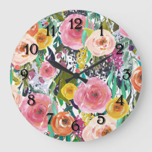 Grande Horloge Ronde Fleurs romantiques d'aquarelle de jardin