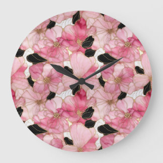 Grande Horloge Ronde Fleurs roses artistiques Encre noire abstraite