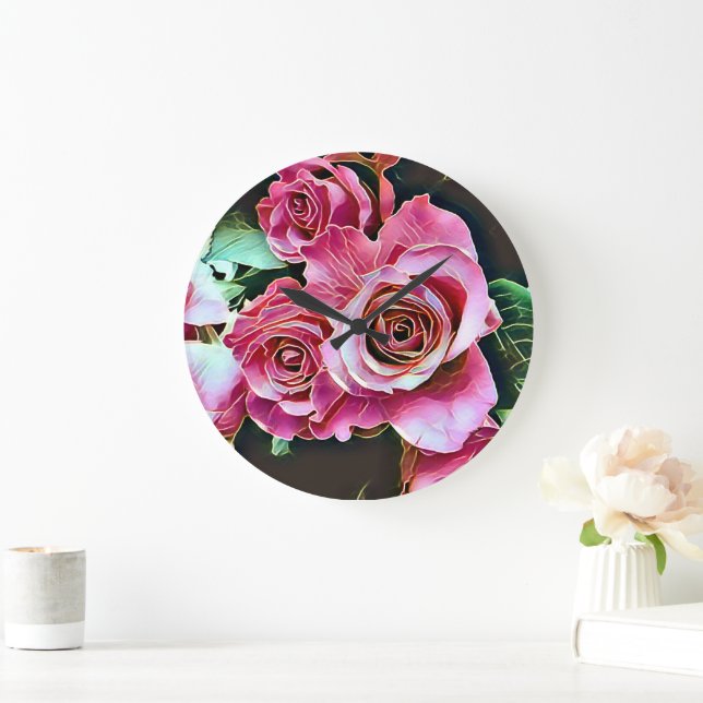 GRANDE HORLOGE RONDE FLEURS ROSES ROSES ROSES ROSES (Maison)