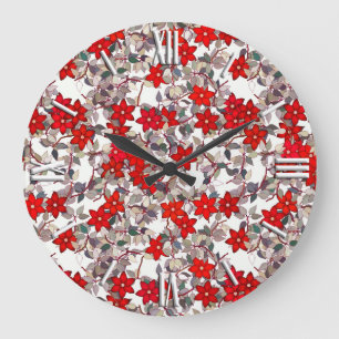 Grande Horloge Ronde Fleurs rouges et feuilles gris argenté