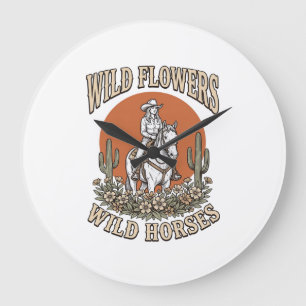 Grande Horloge Ronde Fleurs sauvages Chevaux sauvages Chemise Western C