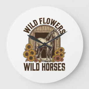 Grande Horloge Ronde Fleurs sauvages Chevaux sauvages Chemise Western V