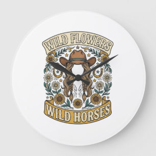 Grande Horloge Ronde Fleurs sauvages Chevaux sauvages Floral occidental