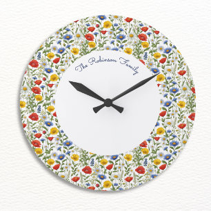 Grande Horloge Ronde Fleurs Sauvages Florales Rondes Colorées Brillante