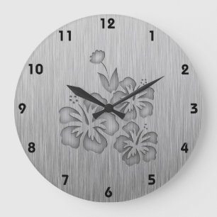 Grande Horloge Ronde Fleurs tropicales à aspect métallique brossé