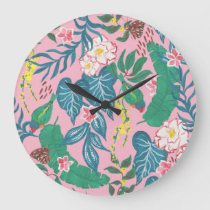Grande Horloge Ronde Fleurs tropicales Abstraites, motif de guache pein