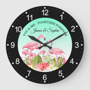 Grande Horloge Ronde Fleurs tropicales et design de flamants roses