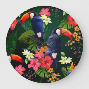Grande Horloge Ronde Fleurs tropicales, toucan : arrière - plan floral.
