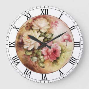 Grande Horloge Ronde Fleurs victoriennes de roses vintages d'aquarelle